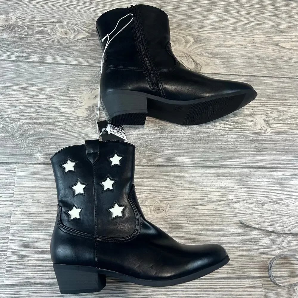 Cat & Jack 4 Girls Black Star Cowboy Boots White Inset NWT Side Zip
